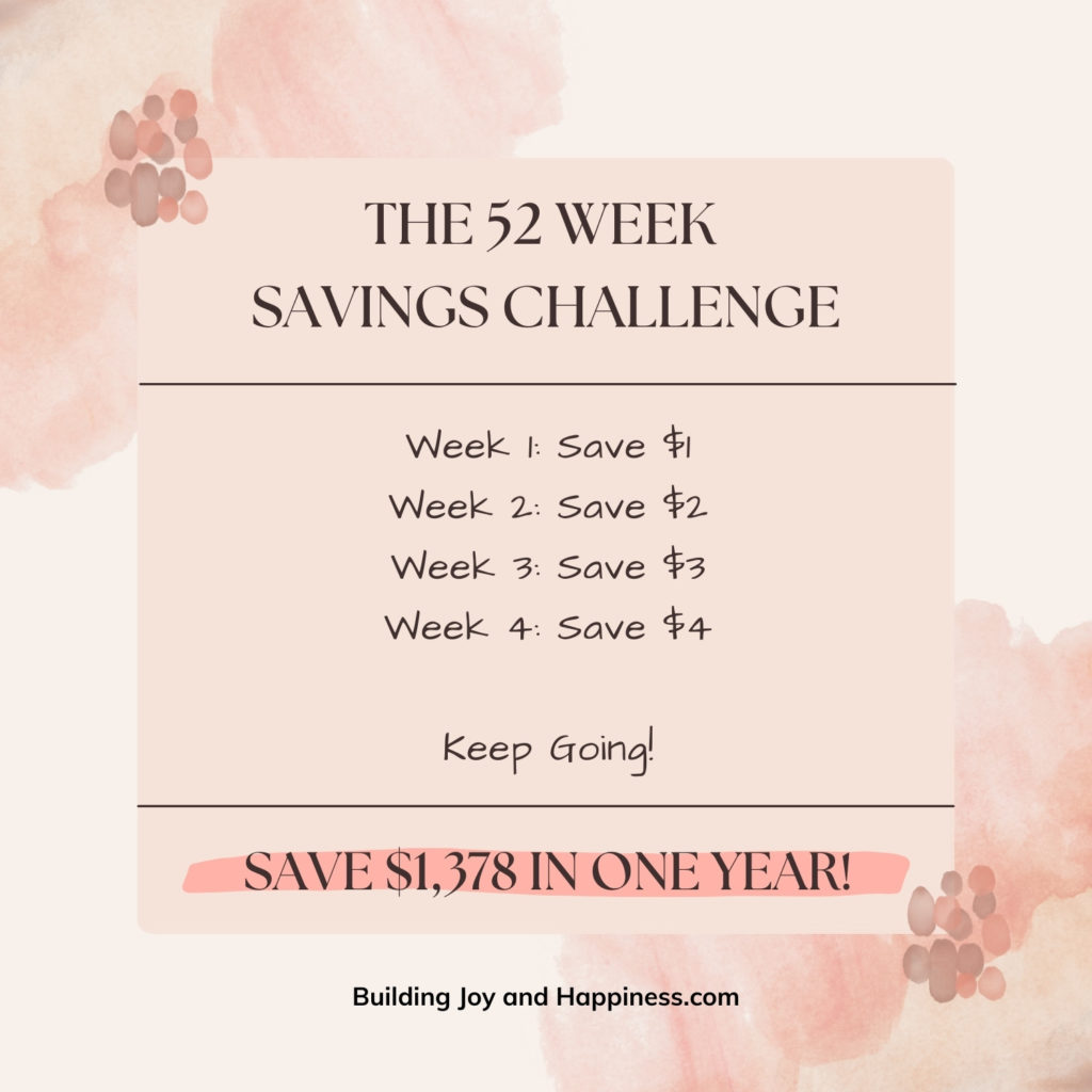 The 52 Week Savings Challenge - Every week save one more dollar than the week before.